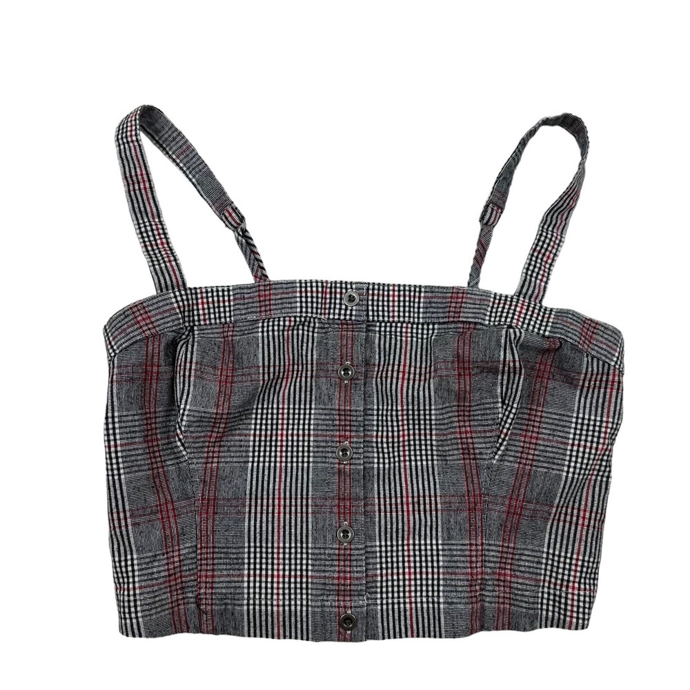 Hollister Gray Red Plaid Crop Top Smocked Back Sz M Adjustable Spaghetti Straps